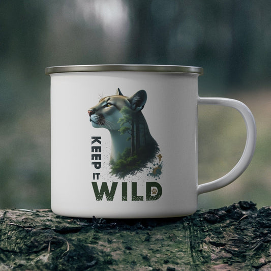 Mug with a zebra design and 'Keep Wild' text on a forest background