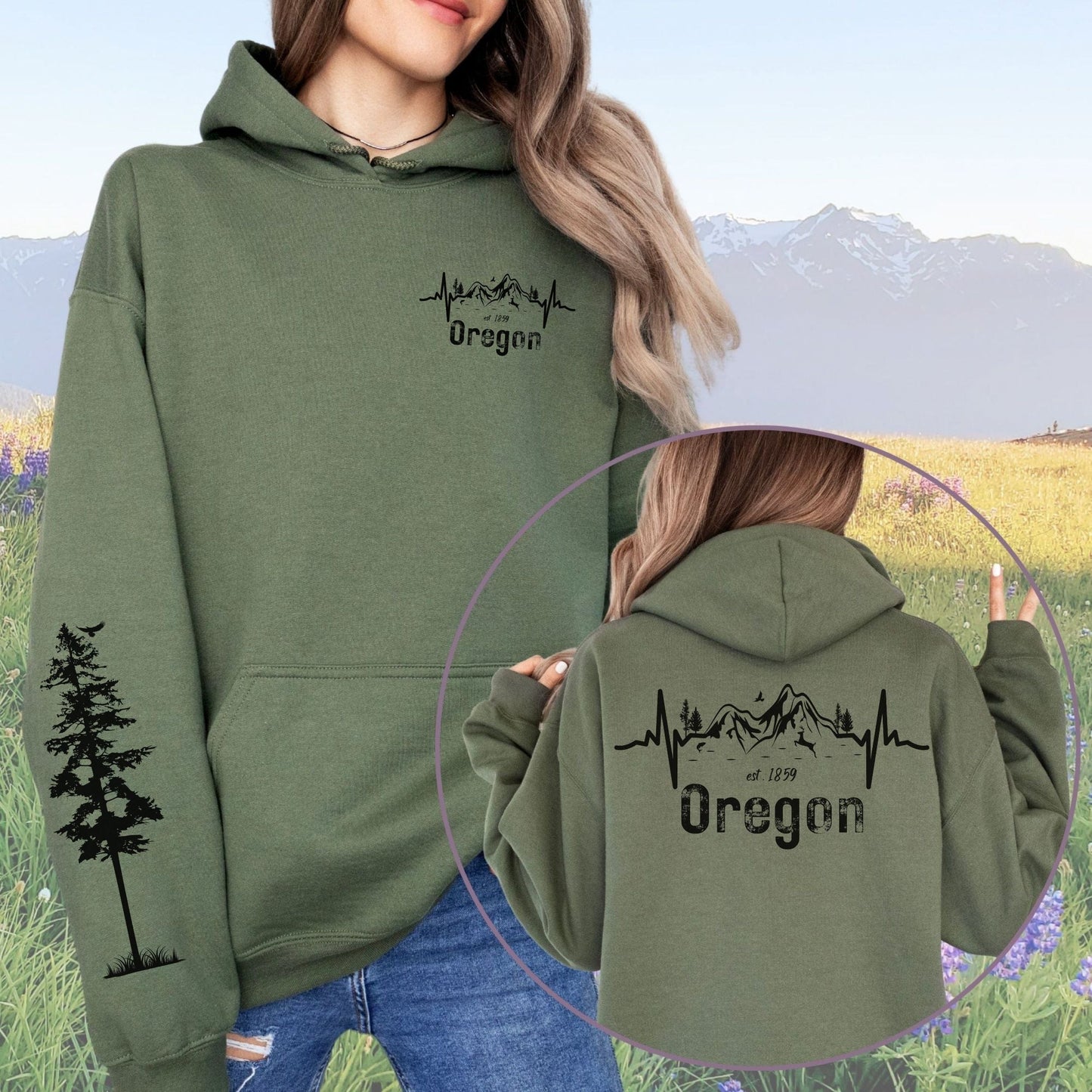 Oregon Mountains Heartbeat with Sleeve Design, Softstyle Hoodie