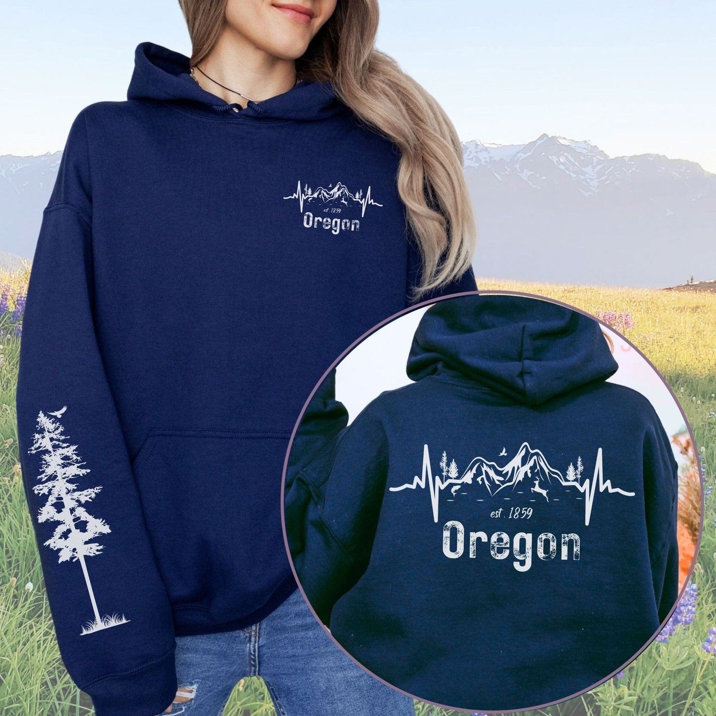 Oregon Mountains Heartbeat with Sleeve Design, Softstyle Hoodie