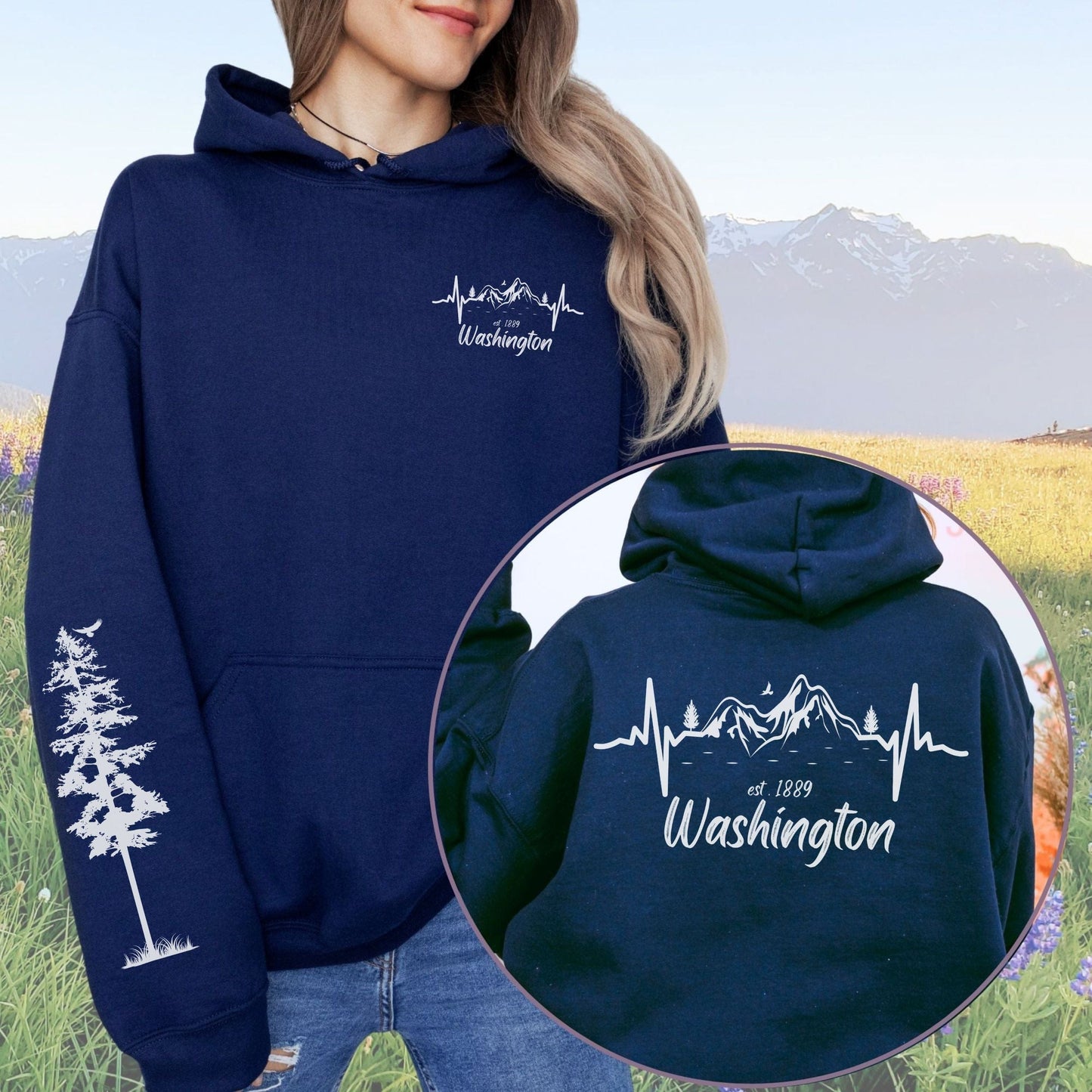 Washington Mountain Heartbeat with sleeve design, Softstyle Hoodie