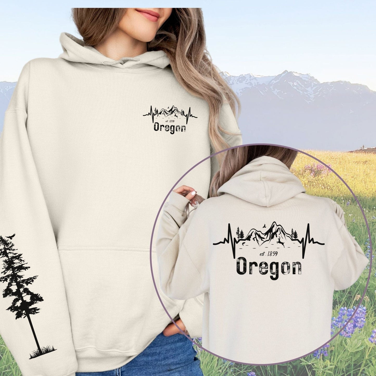 Oregon Mountains Heartbeat with Sleeve Design, Softstyle Hoodie