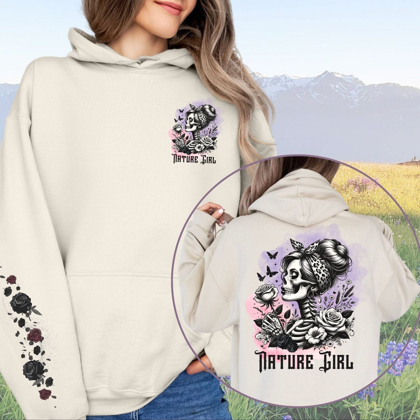 Skeleton Nature Girl with Sleeve Design, Softstyle Hoodie