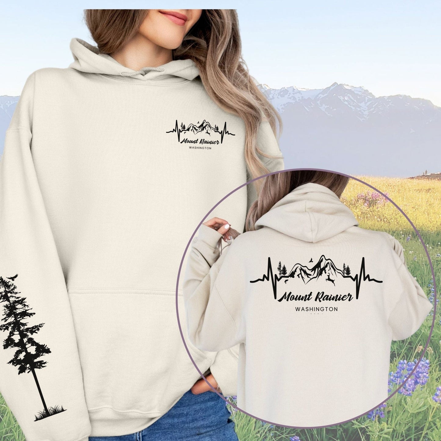 Mount Rainier Heartbeat with Pine Tree Sleeve, Softstyle Hoodie