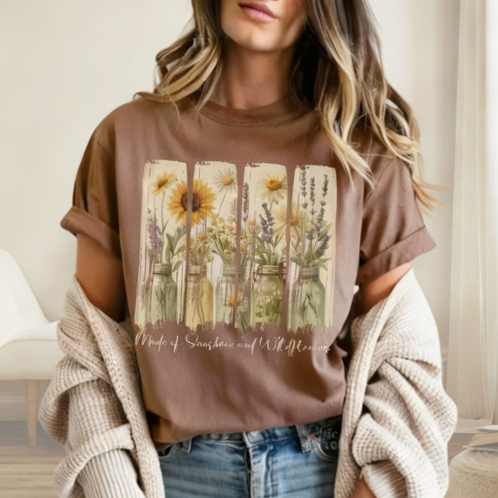 Person wearing a brown t-shirt with floral design and text