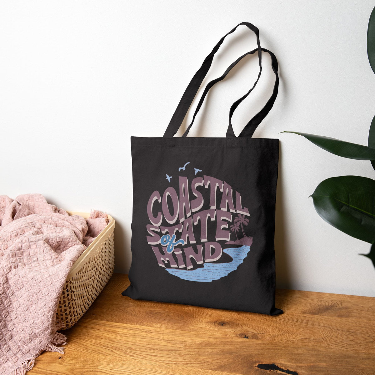 Coastal State of Mind Black Tote Bag | Retro Beach Canvas Bag