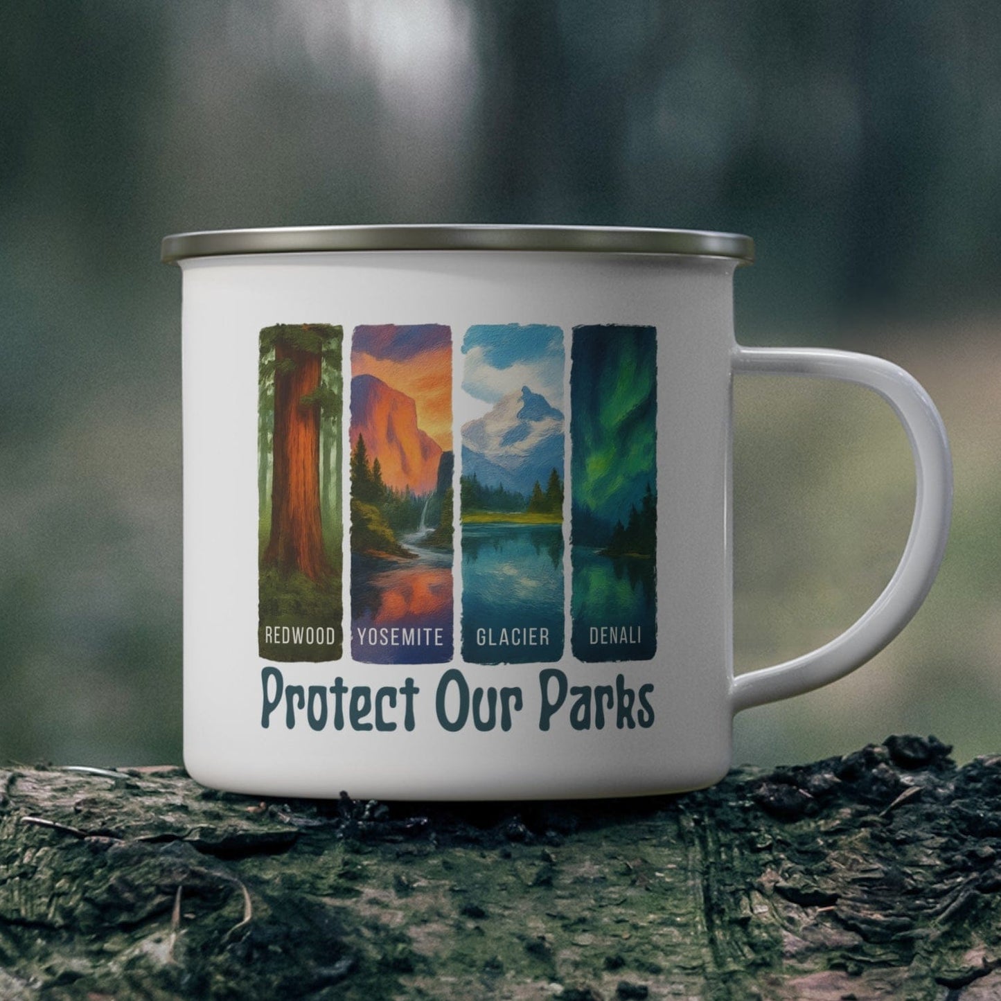 Mug with nature-themed design and 'Protect Our Parks' text on a forest background