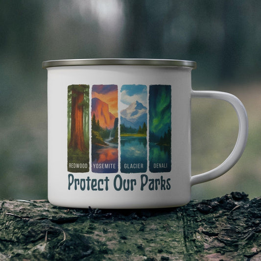 Mug with nature-themed design and 'Protect Our Parks' text on a forest background