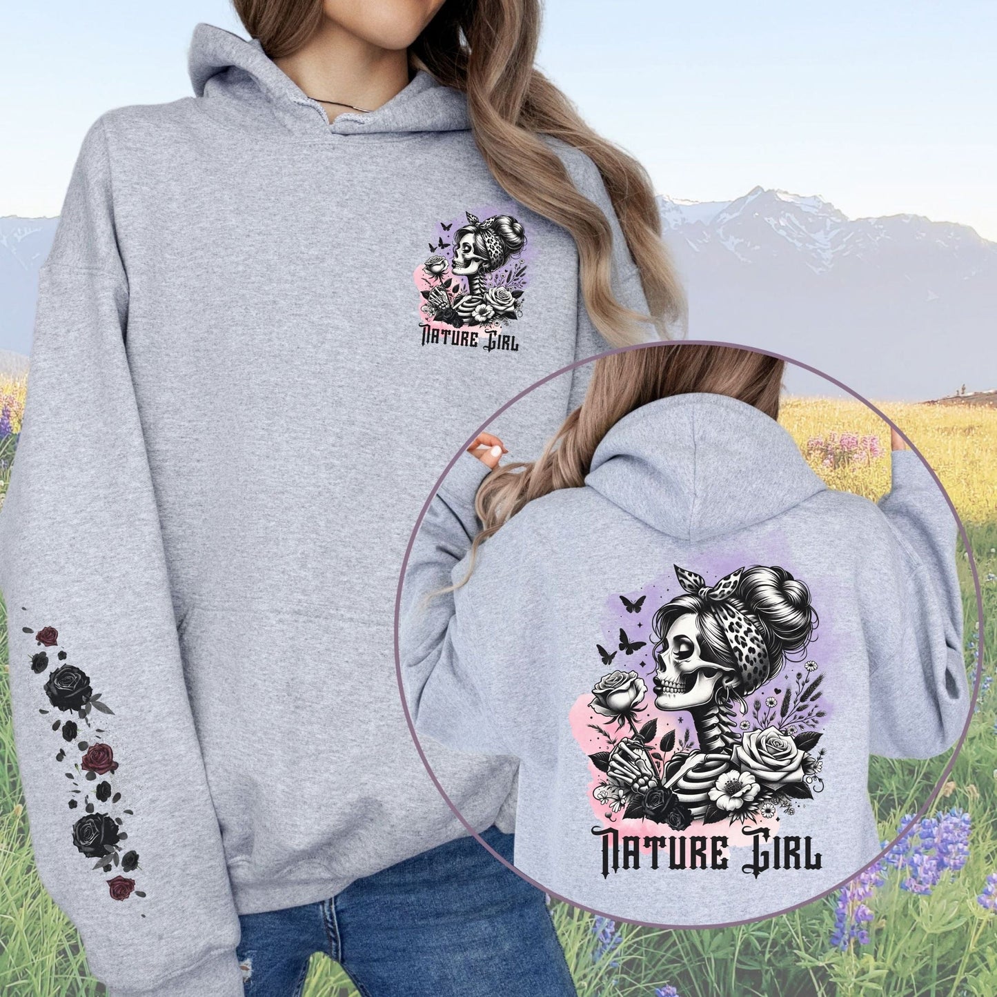 Skeleton Nature Girl with Sleeve Design, Softstyle Hoodie