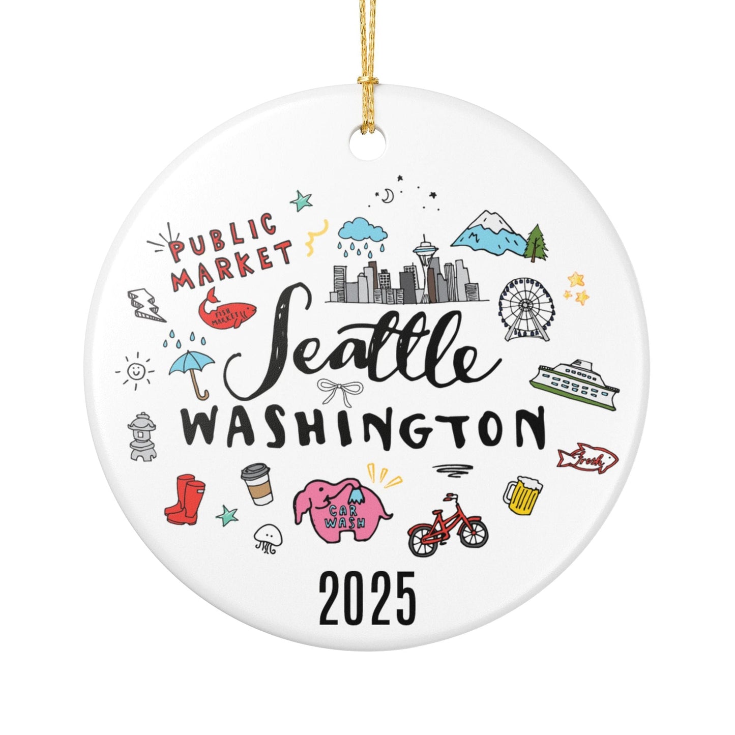 Seattle Doodles Ceramic Ornament — PNW Travel Gift