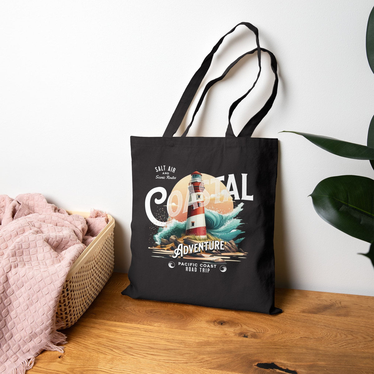 Pacific Coast Road Trip Tote Bag | Lighthouse Coastal Adventure Canvas Bag