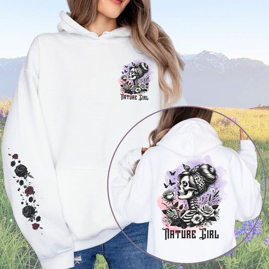 Skeleton Nature Girl with Sleeve Design, Softstyle Hoodie