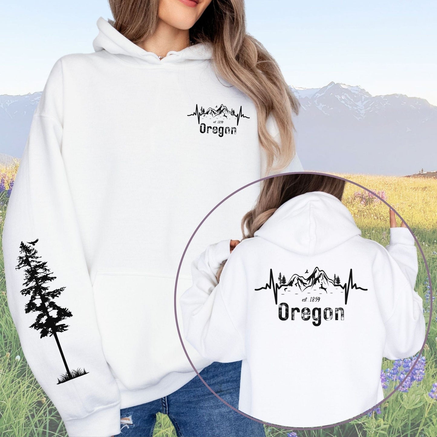 Oregon Mountains Heartbeat with Sleeve Design, Softstyle Hoodie