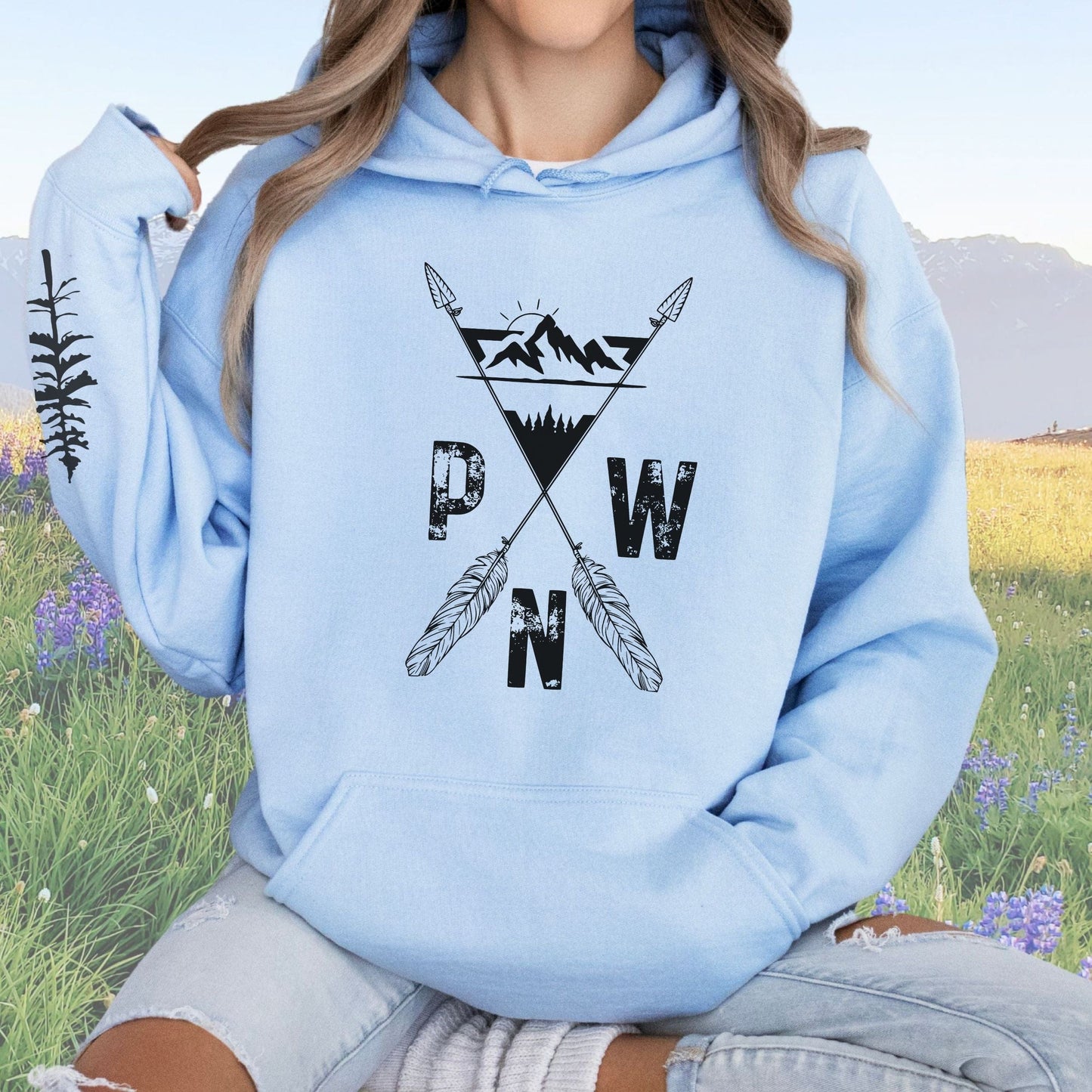 PNW Arrows and Mountains Softstyle Hoodie with Pine Trees Sleeve Design