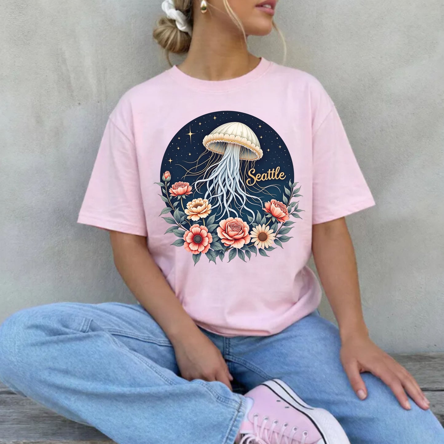 Seattle Celestial Jellyfish Graphic Tee | Whimsical Floral Shirt