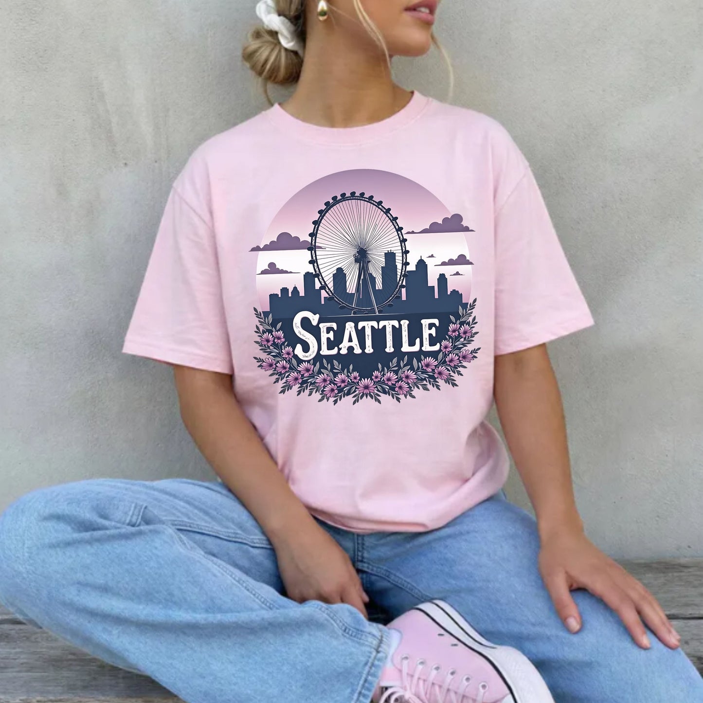 Seattle Great Wheel Floral Graphic Tee | PNW Skyline Shirt