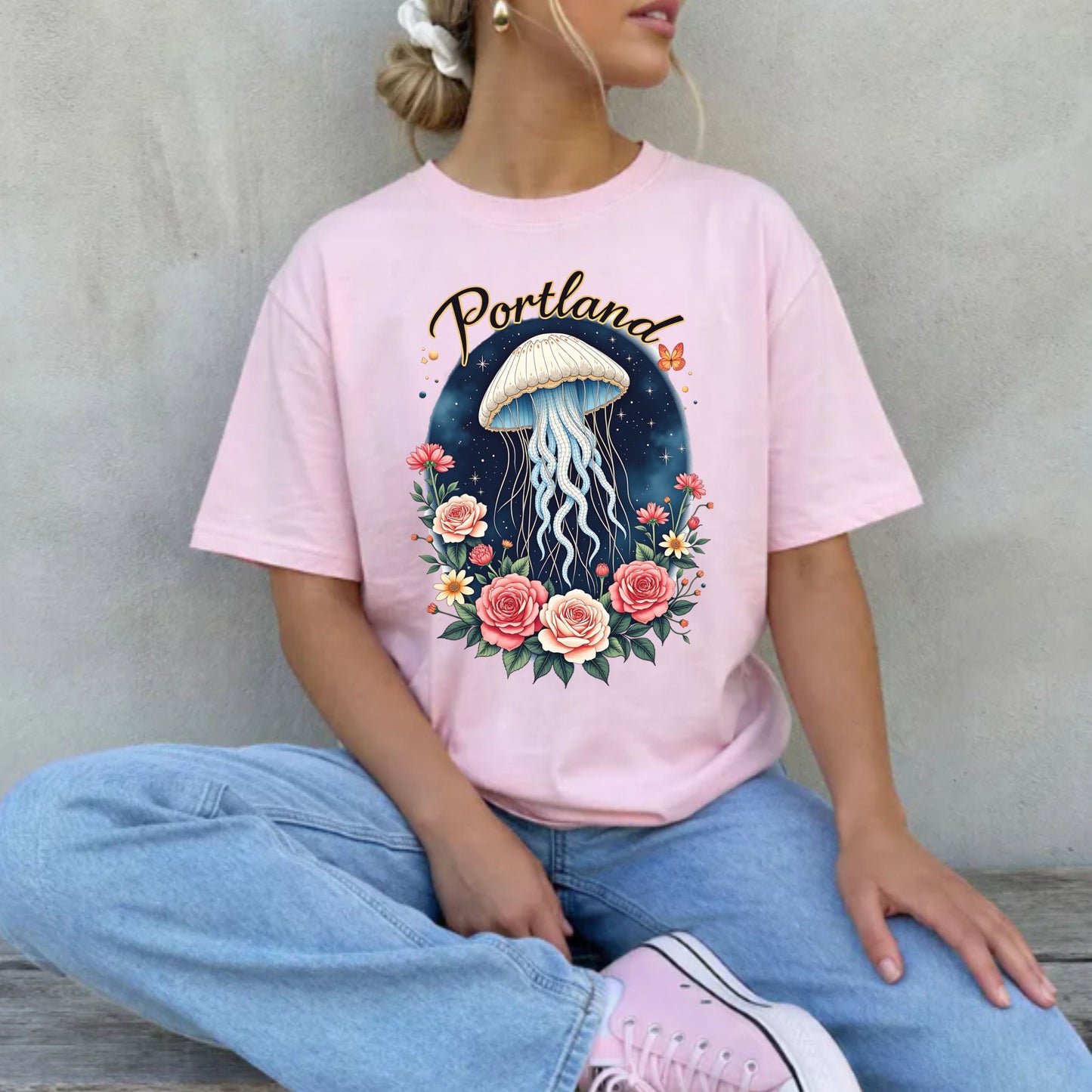 Portland Celestial Jellyfish Graphic Tee | Whimsical Floral Shirt