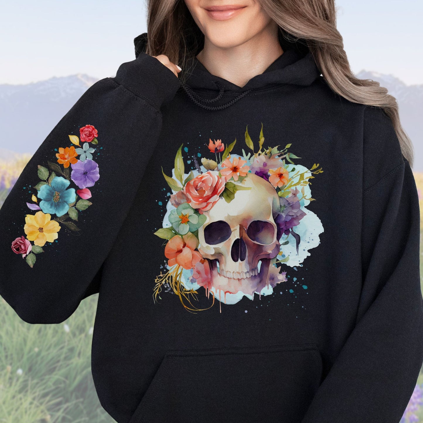 Floral Skull with Sleeve Design, Softstyle Hoodie