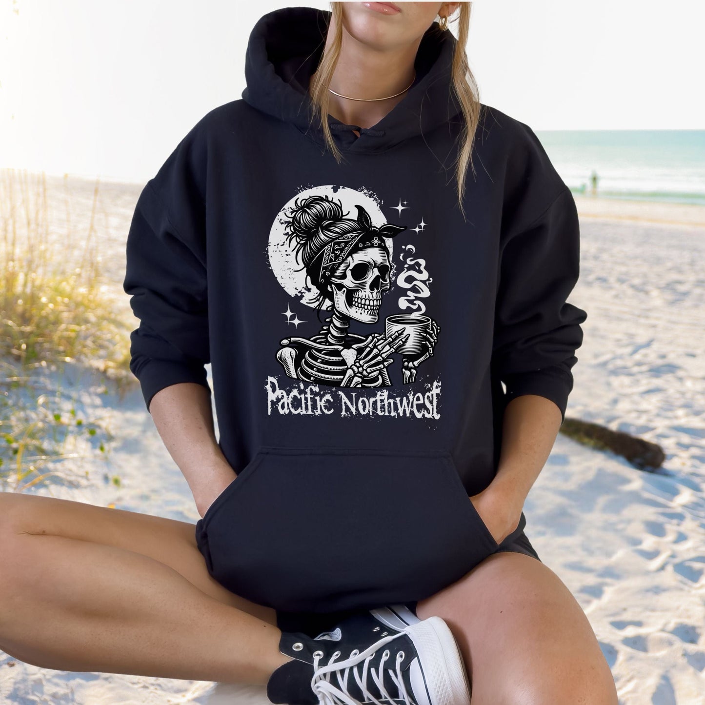PNW Skeleton Coffee Girl, Softstyle Hoodie