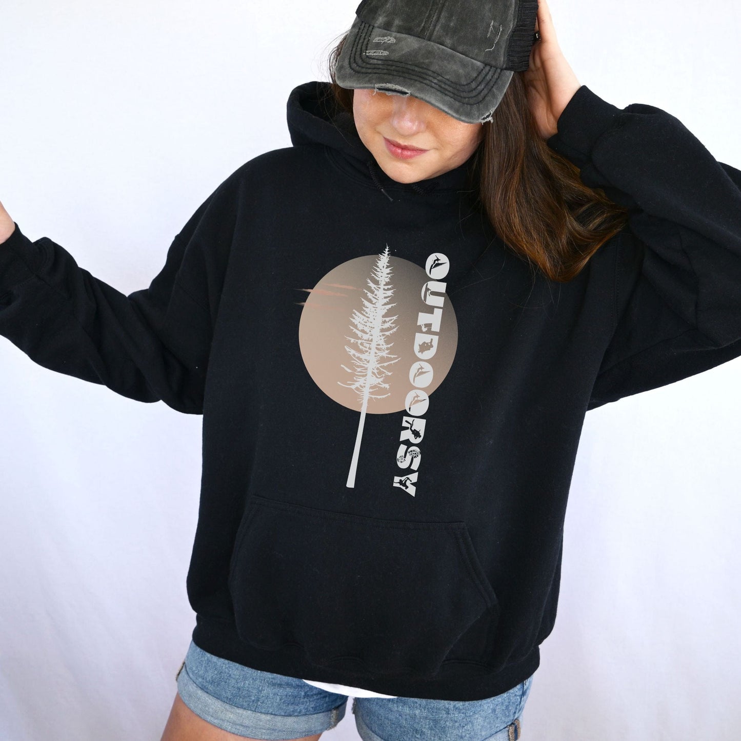 Outdoorsy Hoodie - Pine Tree Sunrise Design, Softstyle Hoodie