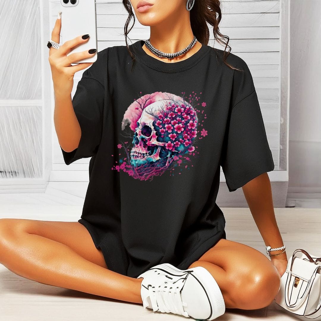 Cherry Blossom Skull, Vintage Style Tee