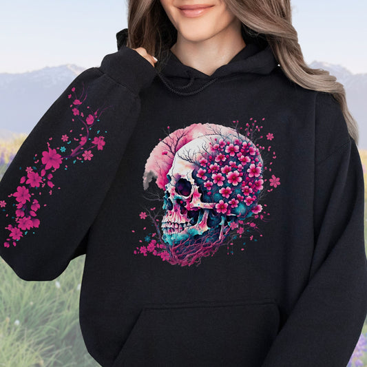 Cherry Blossom Skull with Sleeve Design, Softstyle Hoodie