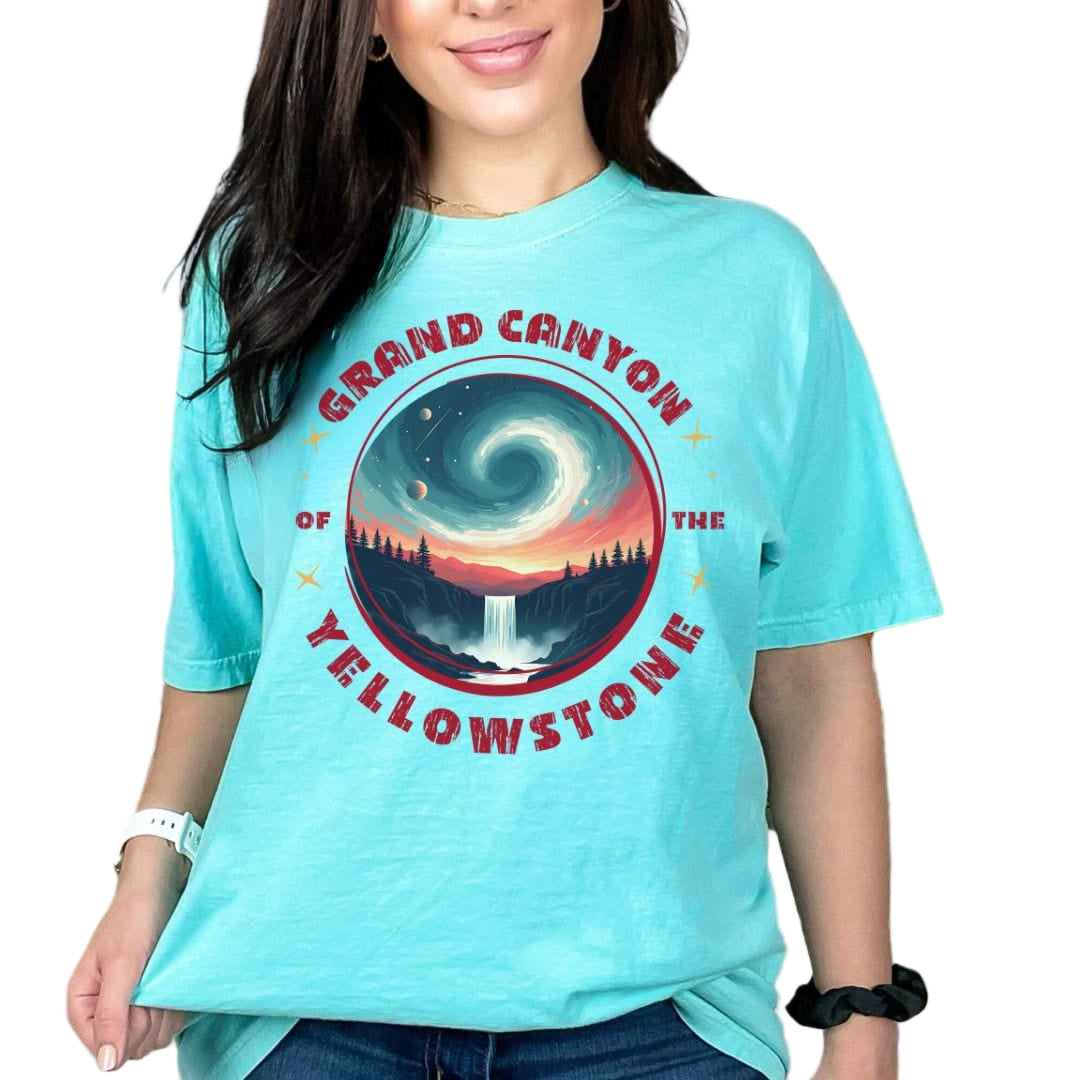 A person wearing a blue t-shirt with 'Grand Canyon of the Yellowstone' vintage style graphic