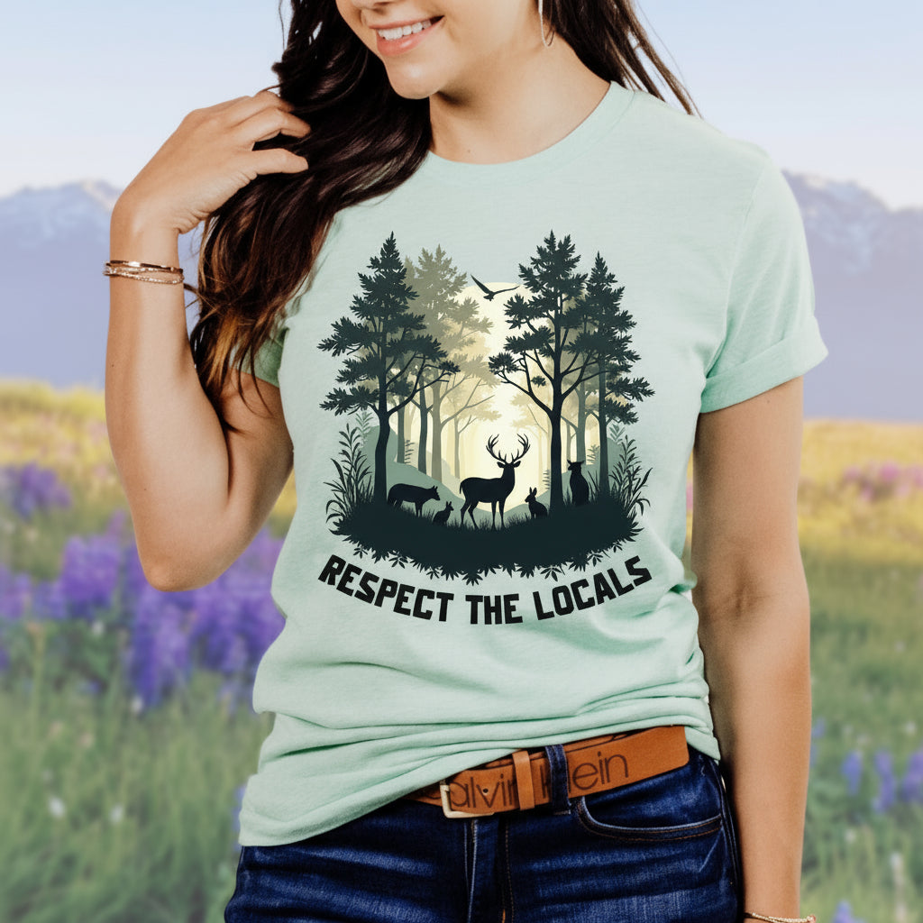 A person wearing a green t-shirt with a graphic of a forest and deer and the text 'RESPECT THE LOCALS'.