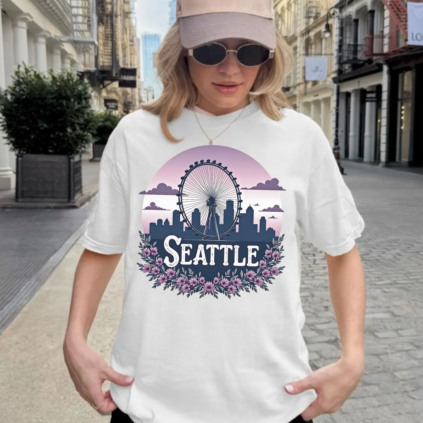 Seattle Floral Great Wheel Vintage Style Tee
