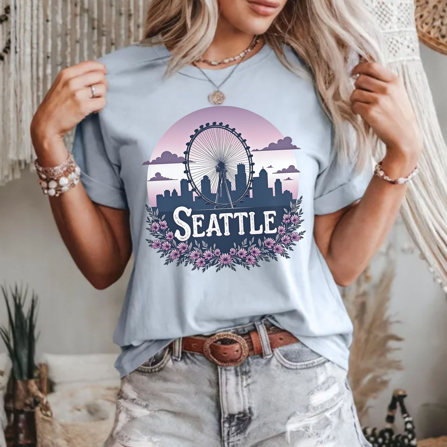 Seattle Great Wheel Floral Graphic Tee | PNW Skyline Shirt