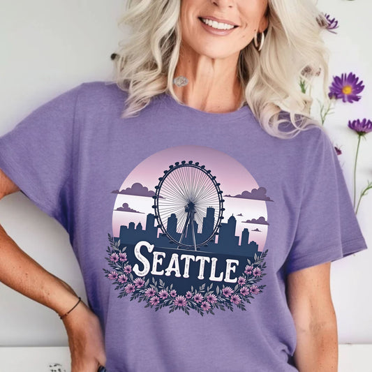 Seattle Great Wheel Floral Graphic Tee | PNW Skyline Shirt