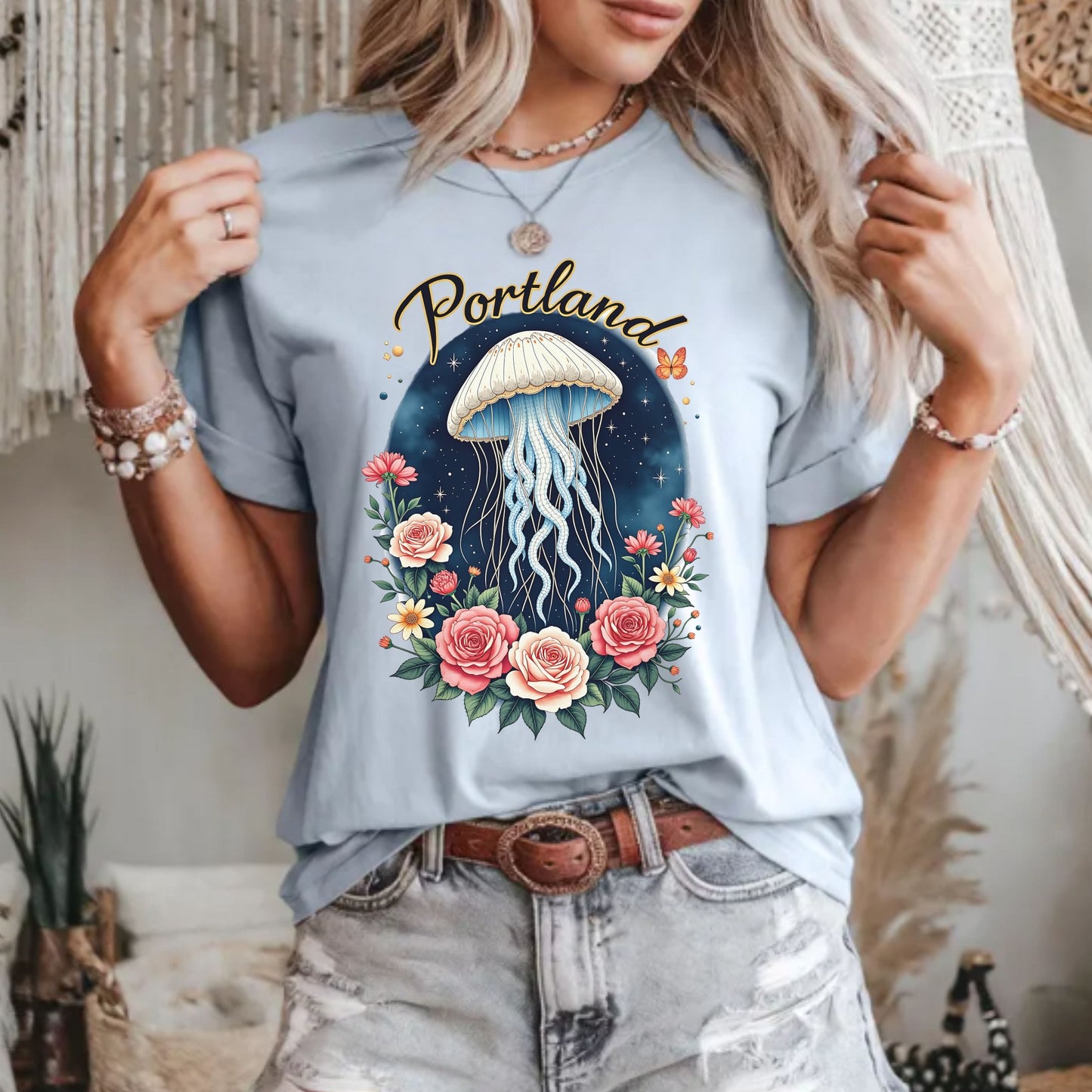 Portland Celestial Jellyfish Graphic Tee | Whimsical Floral Shirt