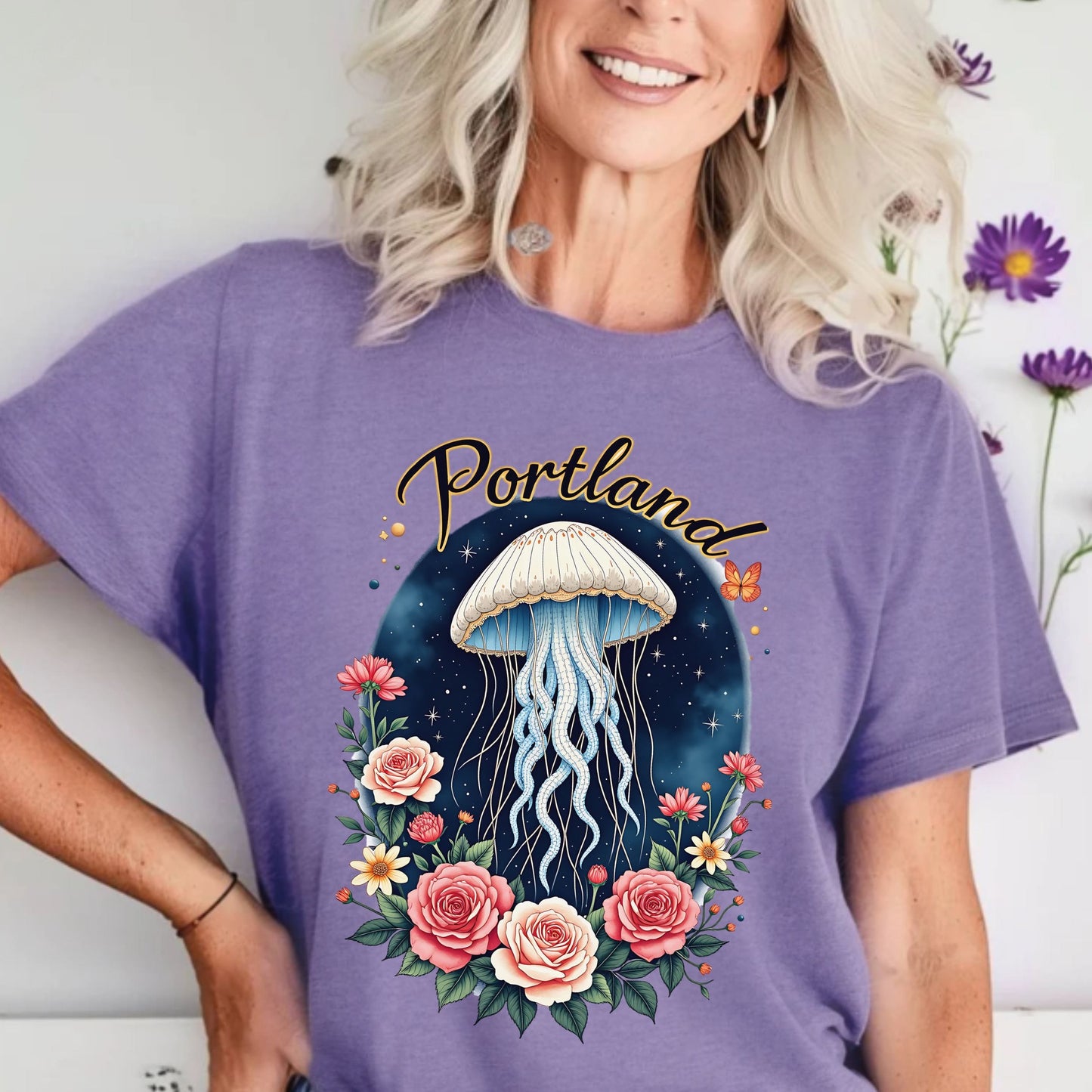 Portland Celestial Jellyfish Graphic Tee | Whimsical Floral Shirt