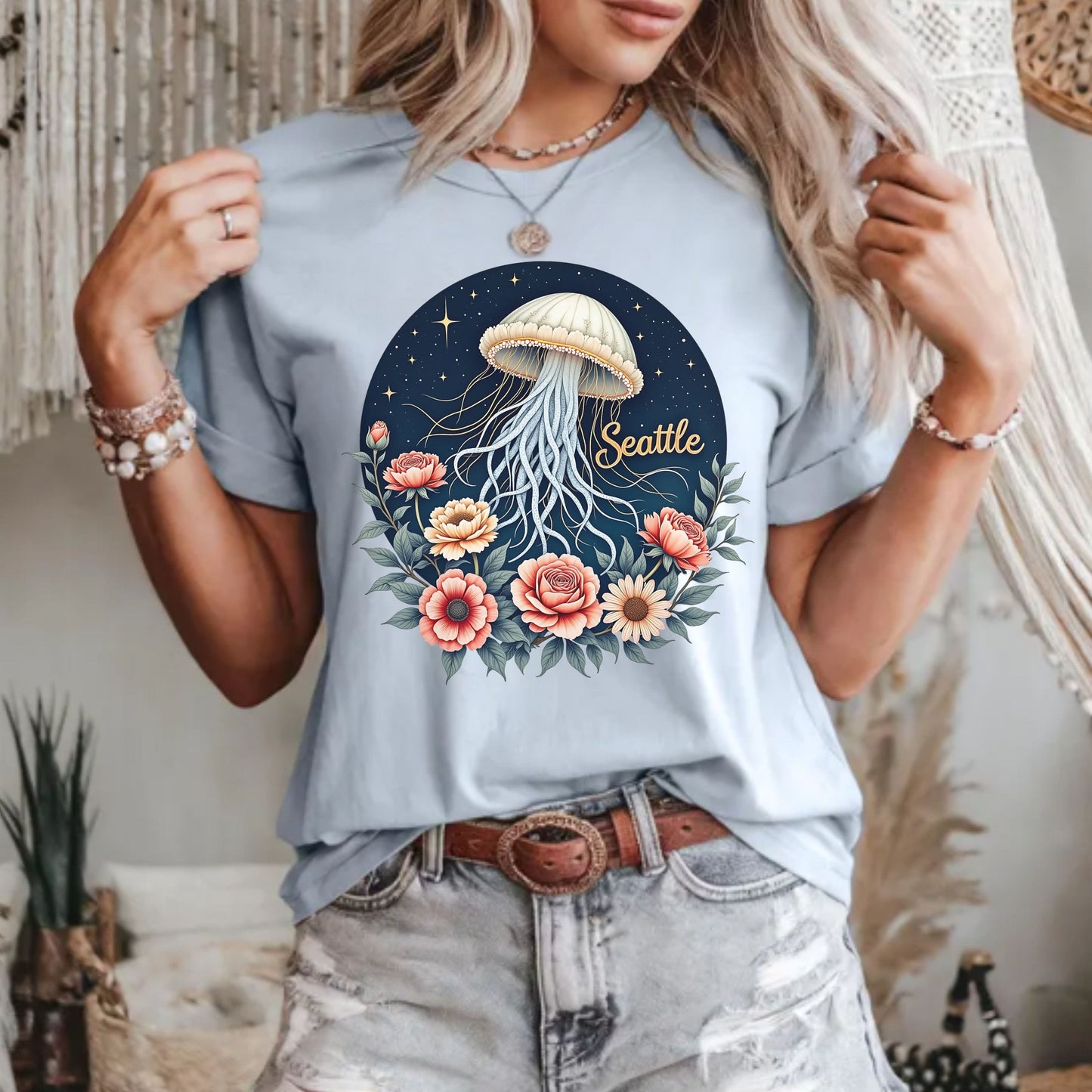Seattle Celestial Jellyfish Graphic Tee | Whimsical Floral Shirt