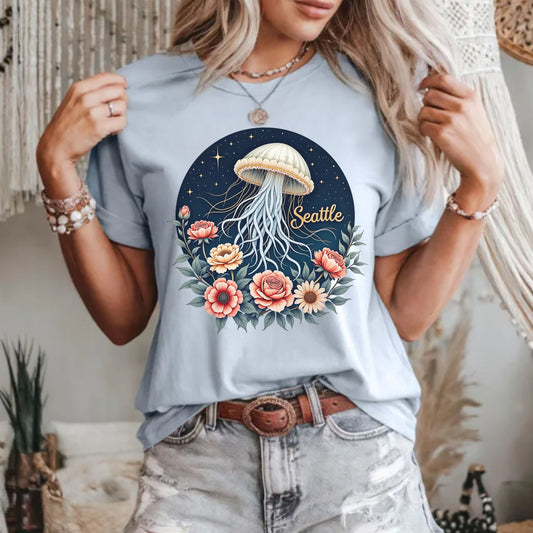 Seattle Celestial Jellyfish Graphic Tee | Whimsical Floral Shirt