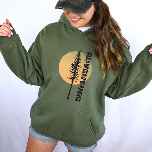 Adventure Hoodie - Pine Tree Sunrise Design, Softstyle Hoodie
