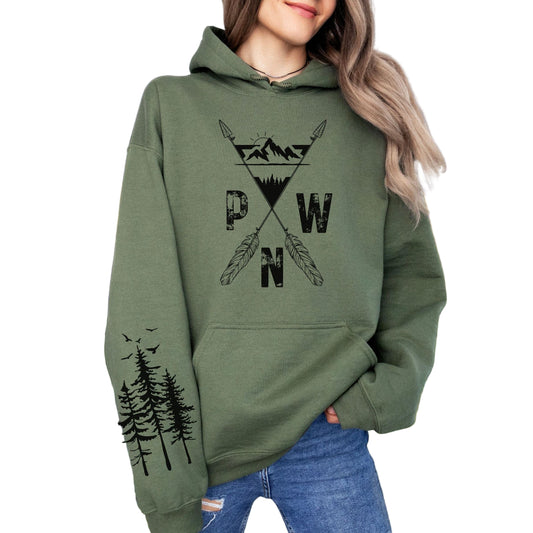 PNW Arrows and Mountains Softstyle Hoodie with Pine Trees Sleeve Design