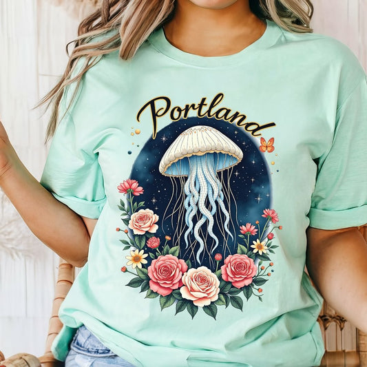 Portland Celestial Jellyfish Graphic Tee | Whimsical Floral Shirt
