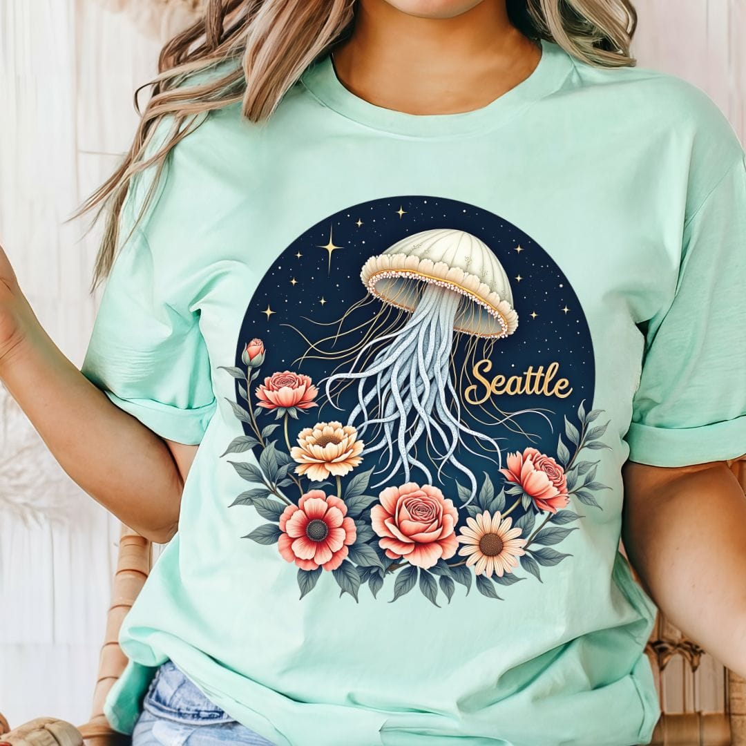 Seattle Celestial Jellyfish Graphic Tee | Whimsical Floral Shirt
