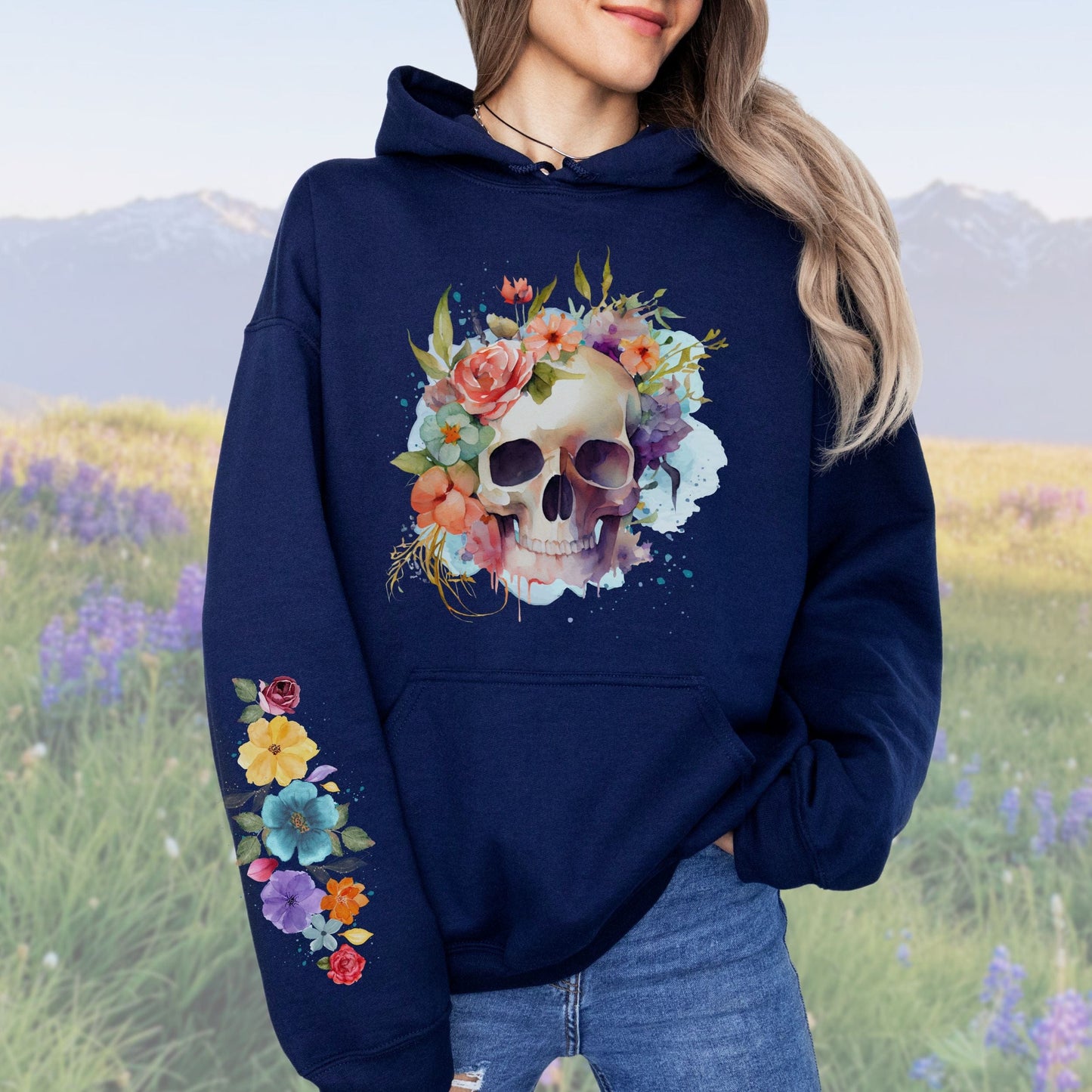 Floral Skull with Sleeve Design, Softstyle Hoodie