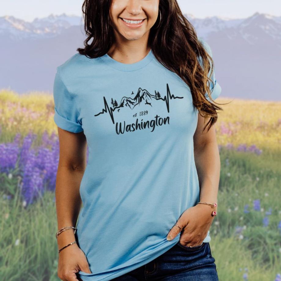 Washington State Mountain Heartbeat Softstyle Tee in Black