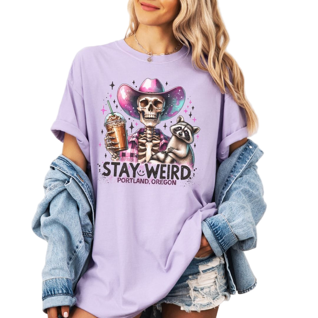 Stay Weird Portland, Oregon, Skeleton Cowgirl, Vintage Style Tee