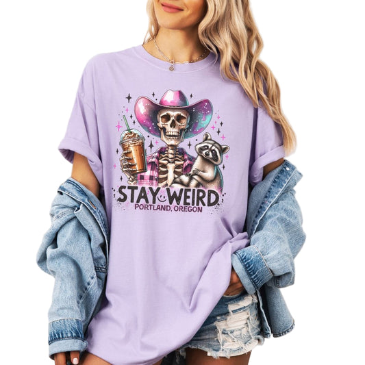 Stay Weird Portland, Oregon, Skeleton Cowgirl, Vintage Style Tee