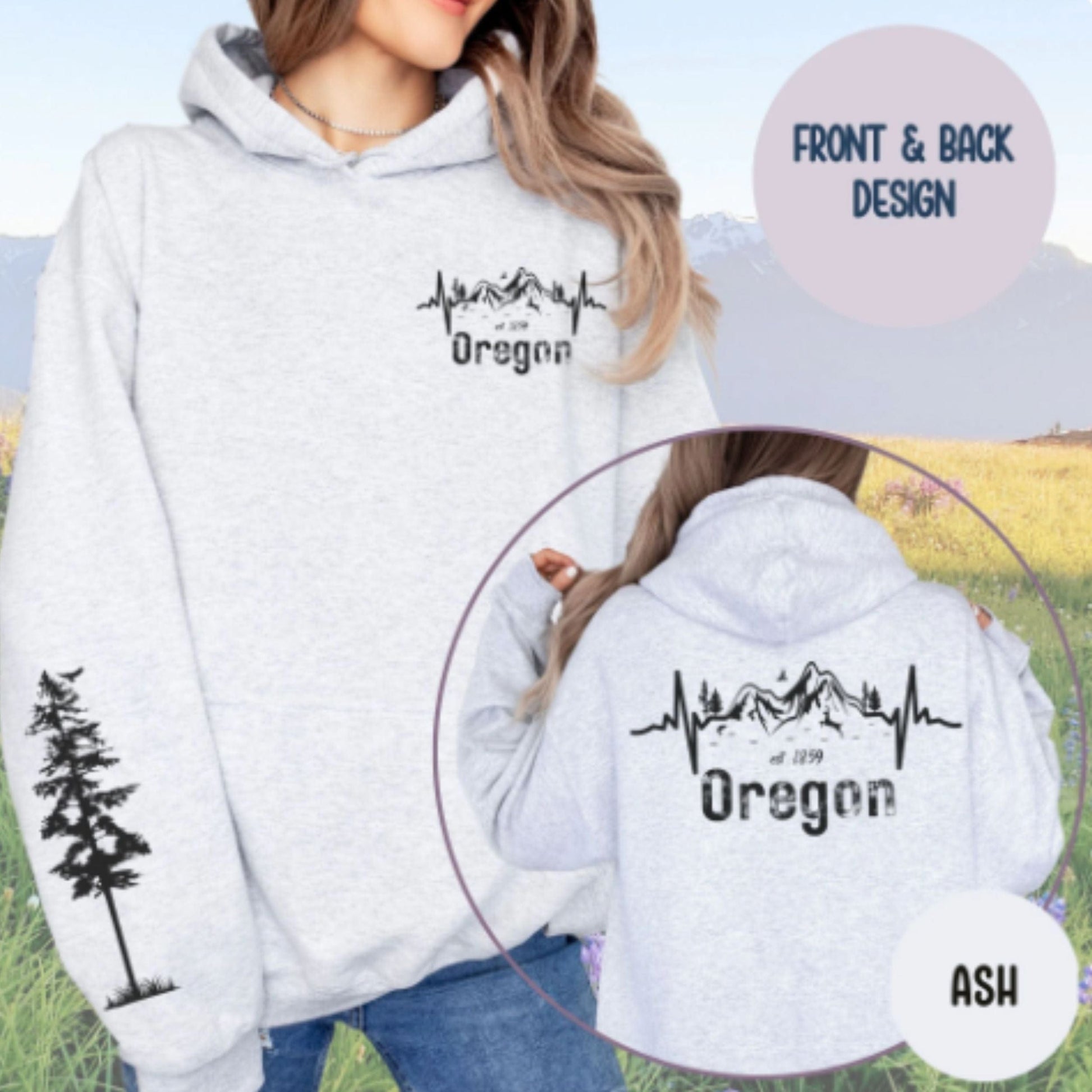 Gray hoodie with 'Oregon' design on front and back, outdoors setting