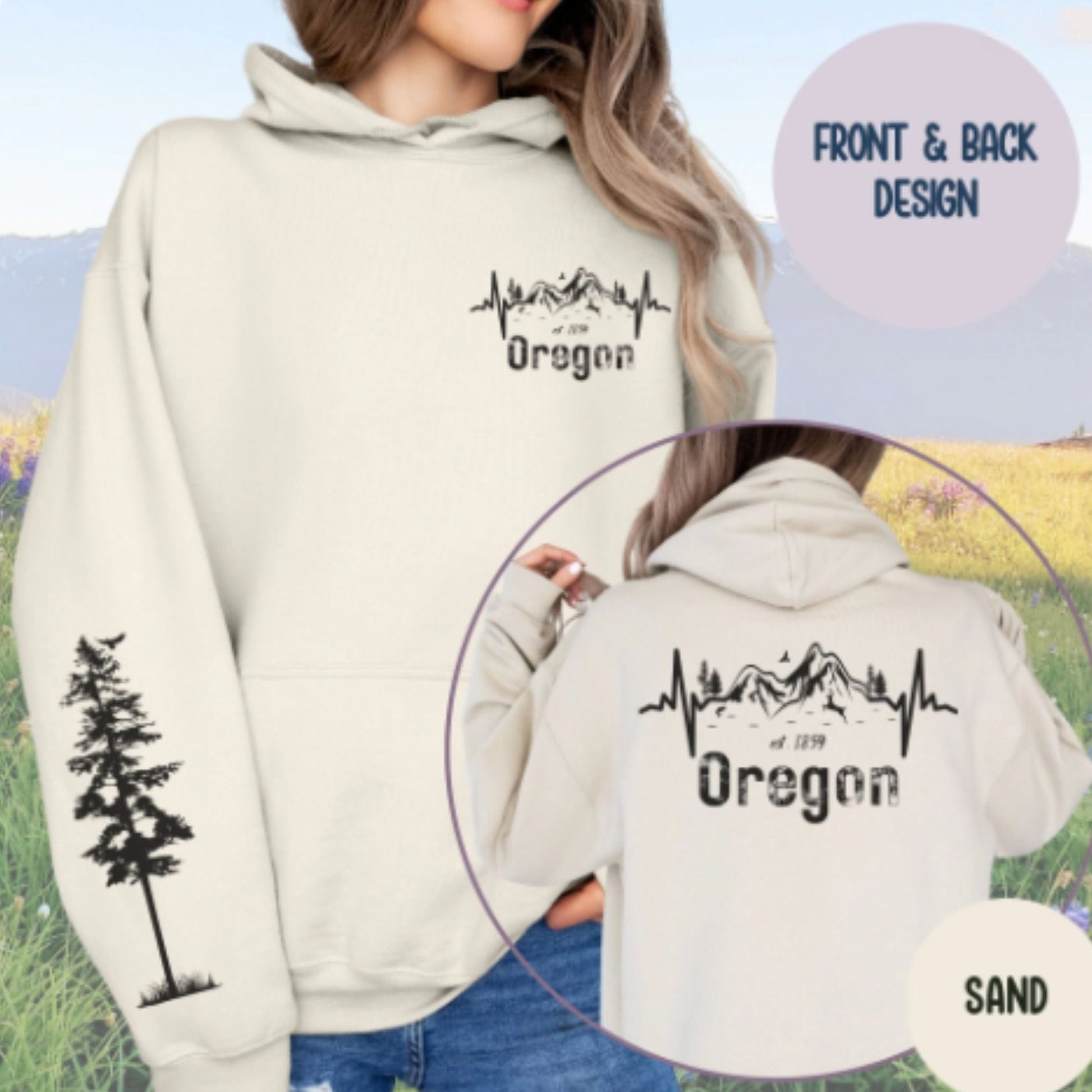 Beige hoodie with 'Oregon' design on front and back, outdoors setting
