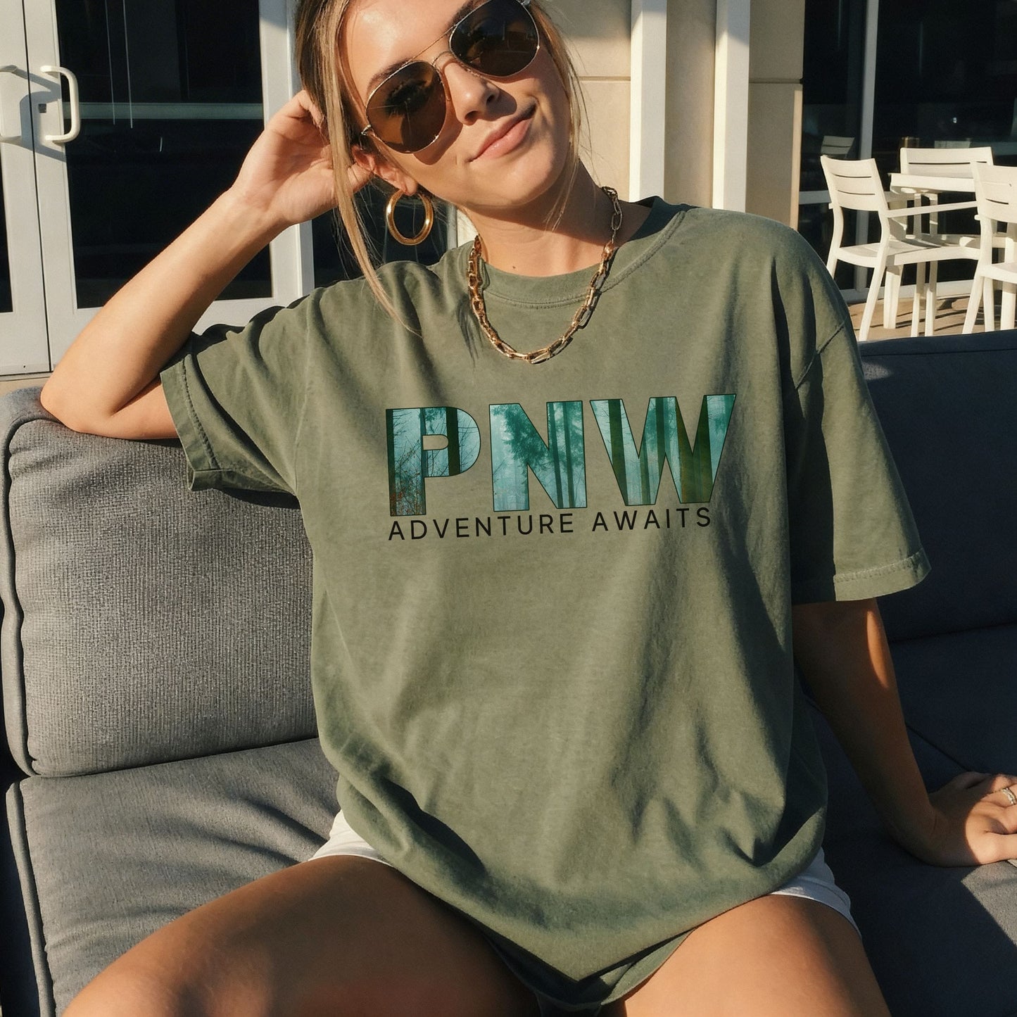 PNW Adventure Awaits Graphic Tee | Pacific Northwest Evergreen Landscape Shirt