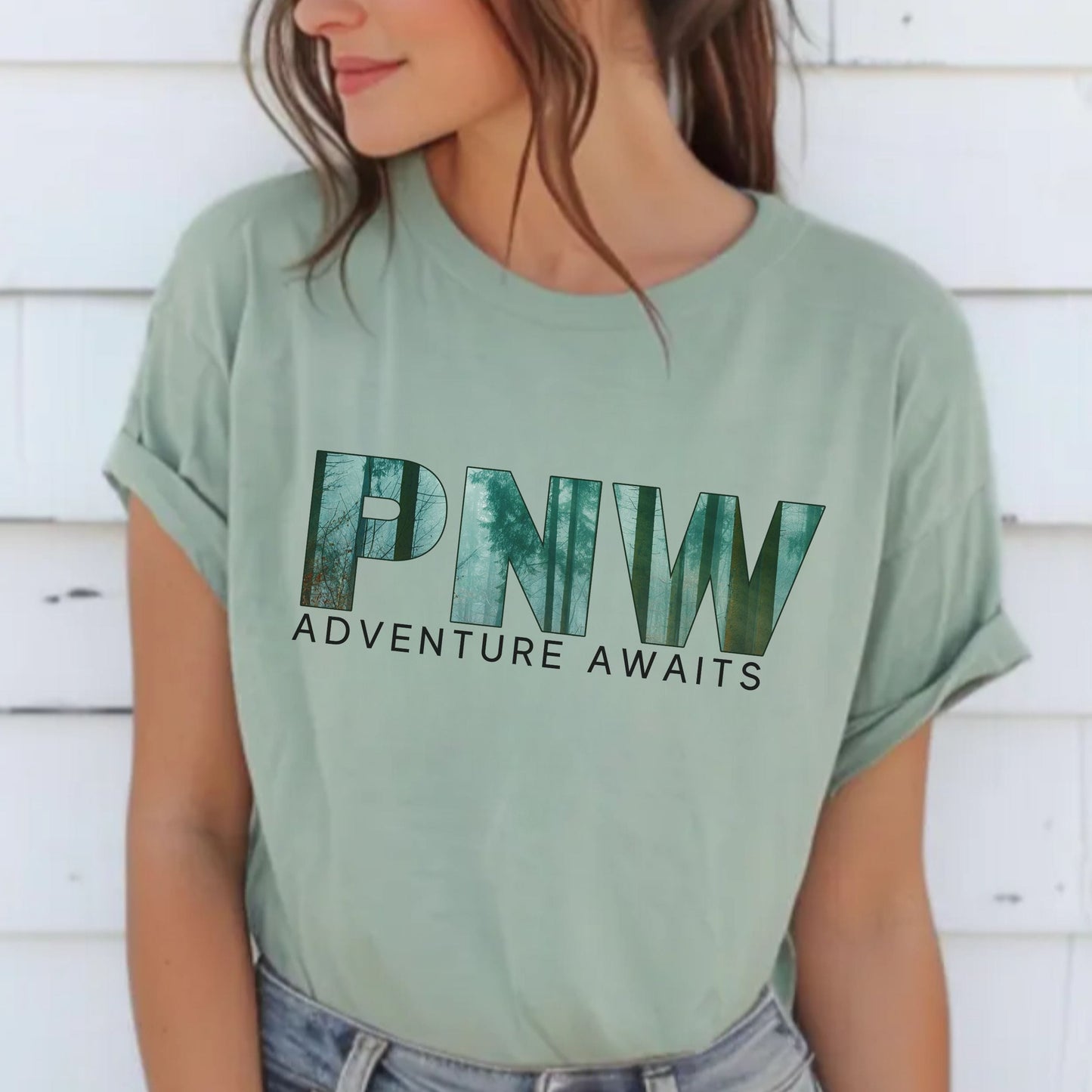 PNW Adventure Awaits Graphic Tee | Pacific Northwest Evergreen Landscape Shirt