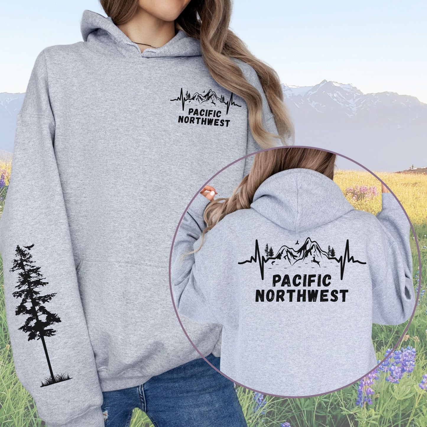 Pacific Northwest Mountain Heartbeat Hoodie with Sleeve Design