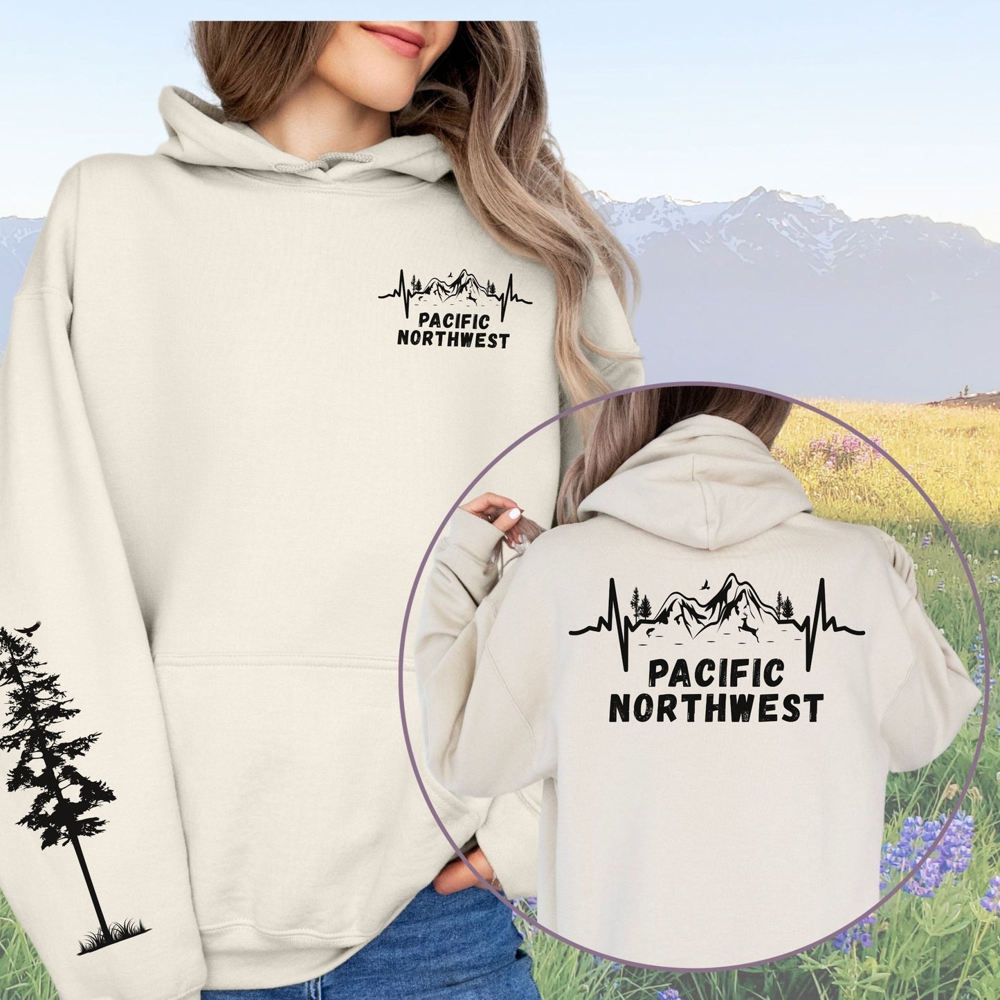 Pacific Northwest Mountain Heartbeat Hoodie with Sleeve Design