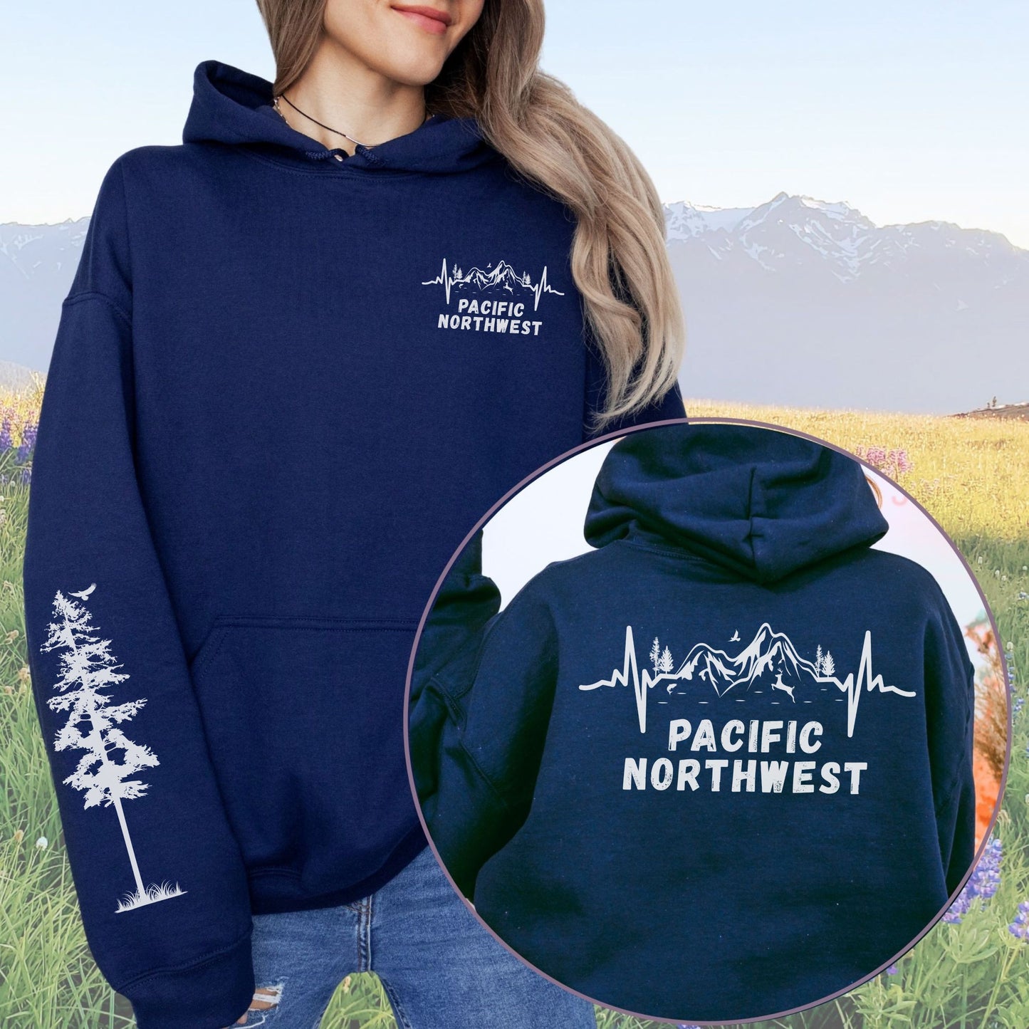 Pacific Northwest Mountain Heartbeat Hoodie with Sleeve Design