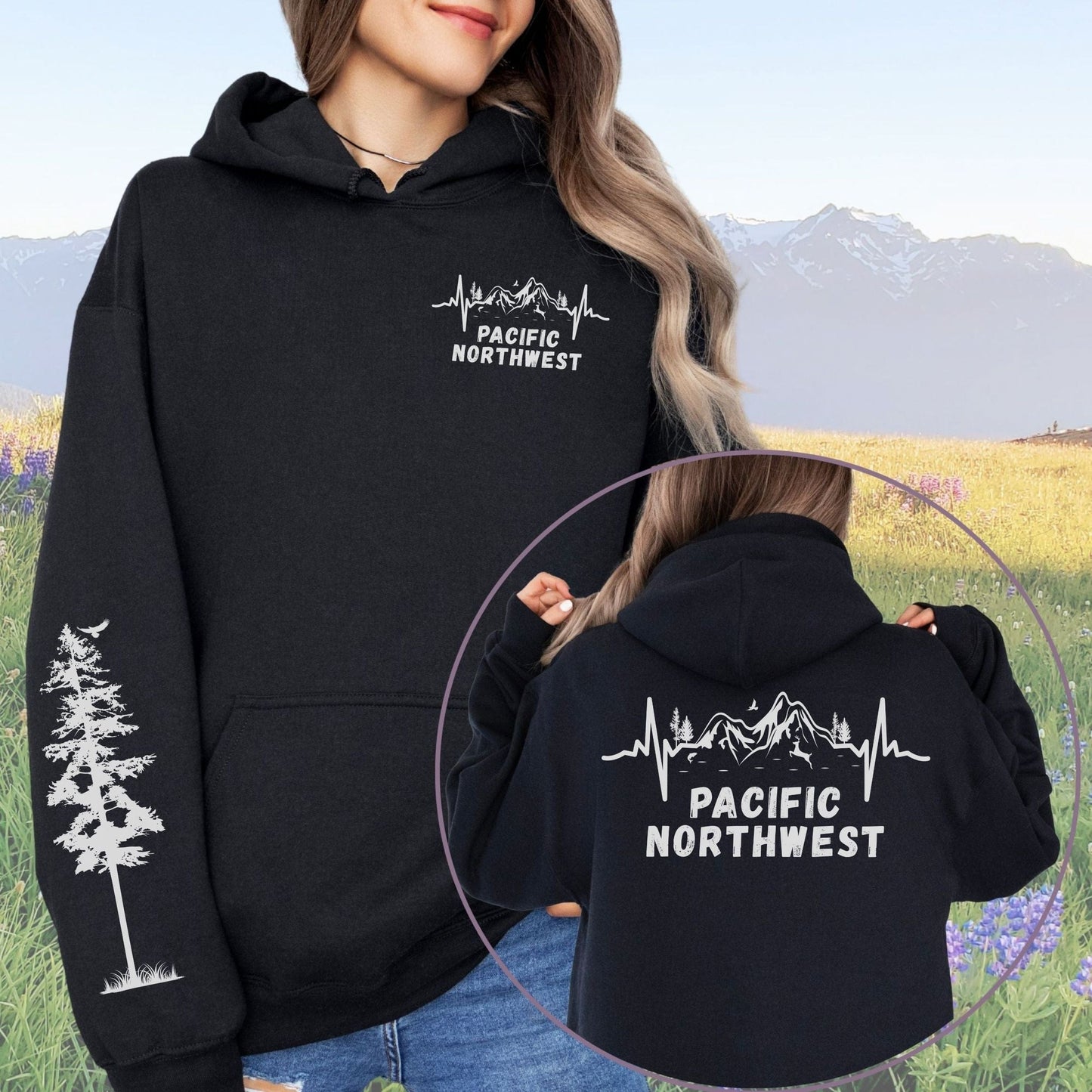 Pacific Northwest Mountain Heartbeat Hoodie with Sleeve Design